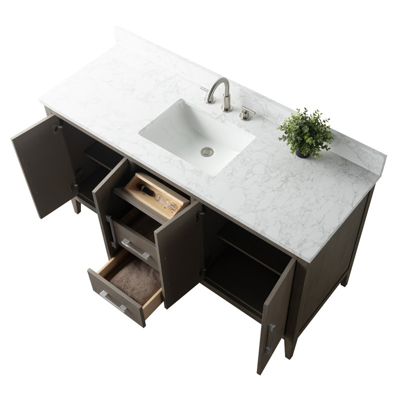 60'' Single Bathroom Vanity with Engineered Marble Top, Brushed Nickel, Driftwood Gray