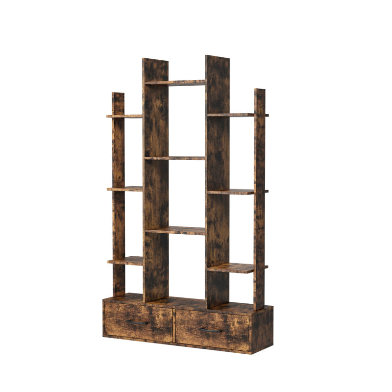 Bibliothèque de style industriel avec 2 tiroirs et 12 tablettes ouvertes idéales pour exposer et organiser vos biens