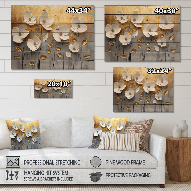 Fleurs blanches et dorées, forme pure de marbre II - Art mural en bois de coquelicot - sur bois de pin naturel