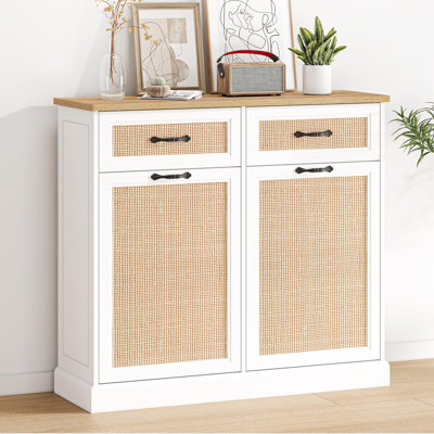 Double Rattan Tilt Out Trash Can Cabinet, Freestanding Kitchen Garbage Can 20 Gallon