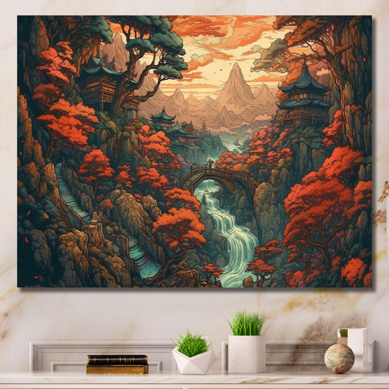 Ryilee " Cascading Japenese Maple Trees I " Print, 16" H x 32" W x 1" D, Wrapped Canvas