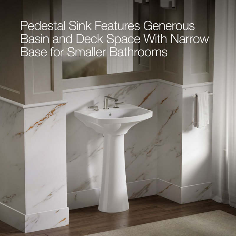 Cimarron® 26.81" Vitreous China U-Shape Pedestal Bathroom Sink with Overflow, White, 8'' Centers