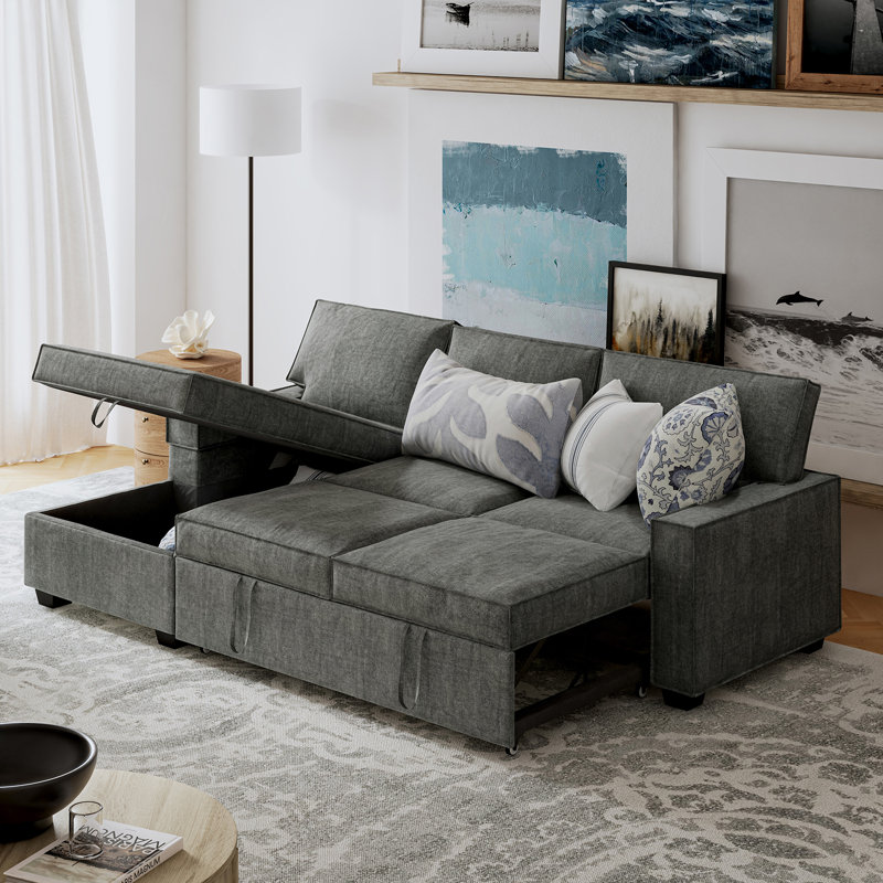 Canapé-lit modulaire coulissant avec méridienne 3 pièces Yates, Polyester gris