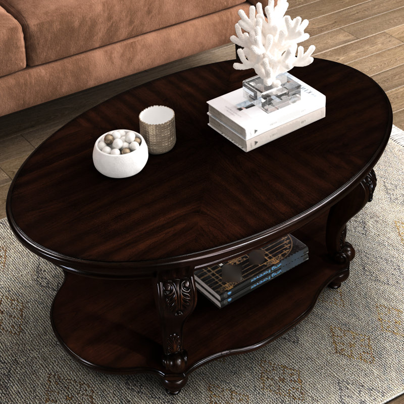 Table basse de salon ovale, 42 po, 2 tablettes en bois massif, finition cerisier, assemblage sans effort de 42 po, ouverture facile à assembler,