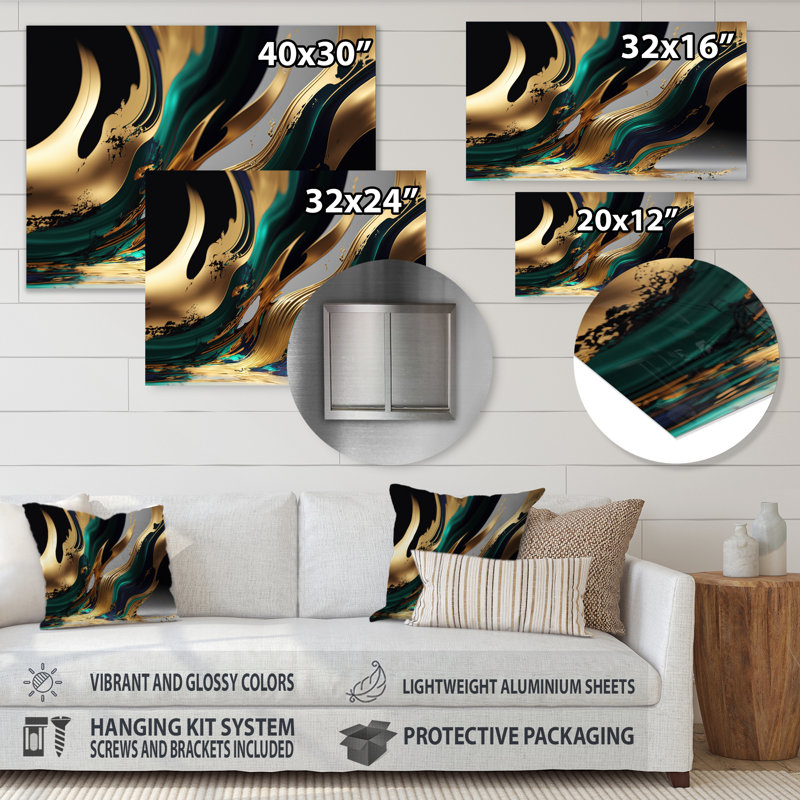Décoration murale moderne en métal vert et or II, H 12 po x l 20 po x P 1 po