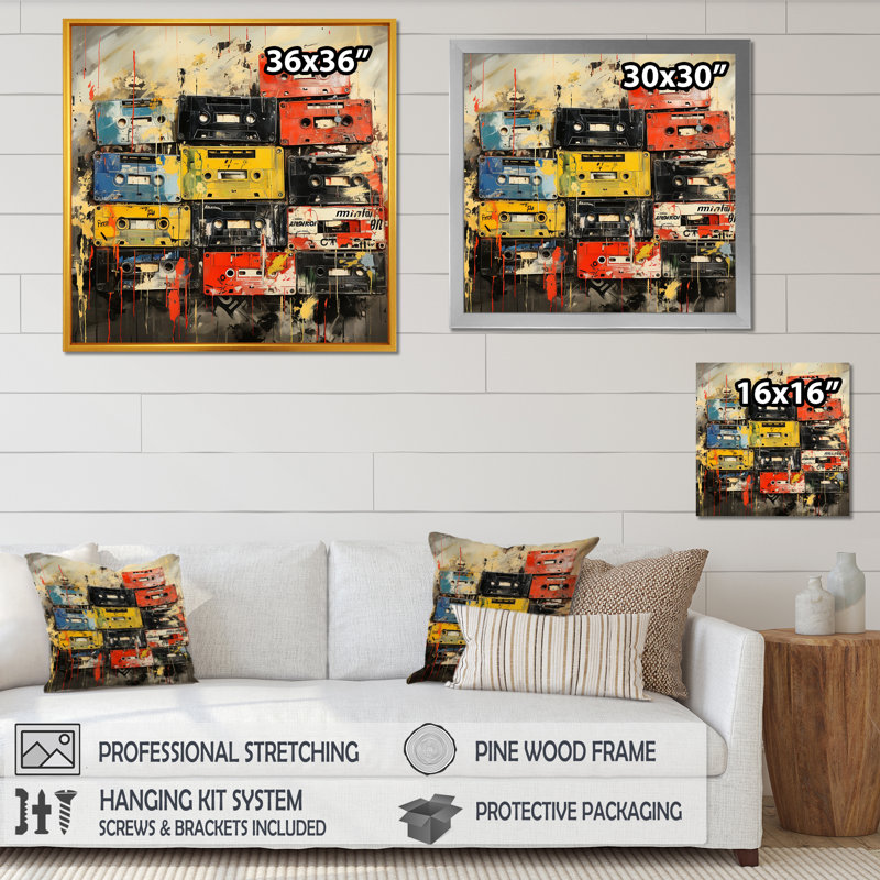 Vintage Casset Tapes Collage - Cassette Tapes Wall Art, H 36 po x l 36 po x P 1,5 po, Cadre simple noir