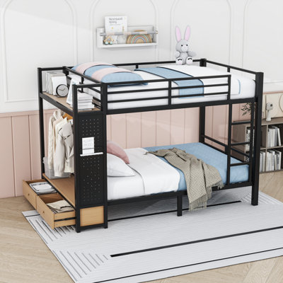 2 Drawers Metal Bunk Bed With Shelves, Side Pegboard And Coat Rack