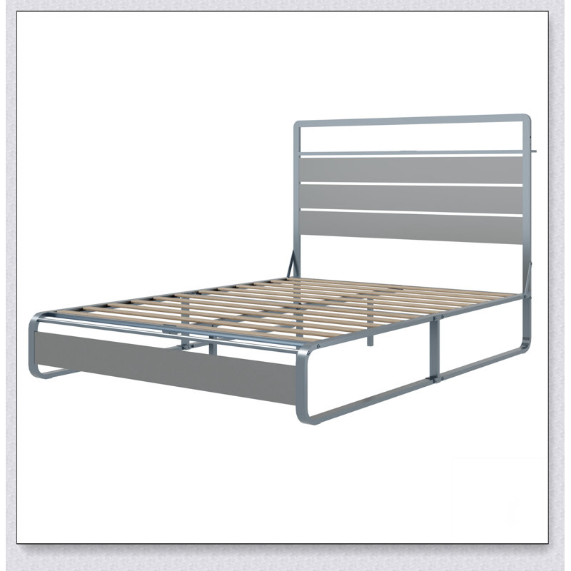 Queen Size Bed Frame with Headboard, Metal Platform Bed Frame with Charging Station
