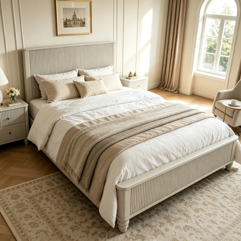 Ensemble de chambre à coucher 3 pièces avec grand lit et 2 tables de chevet, Beige, Grand lit