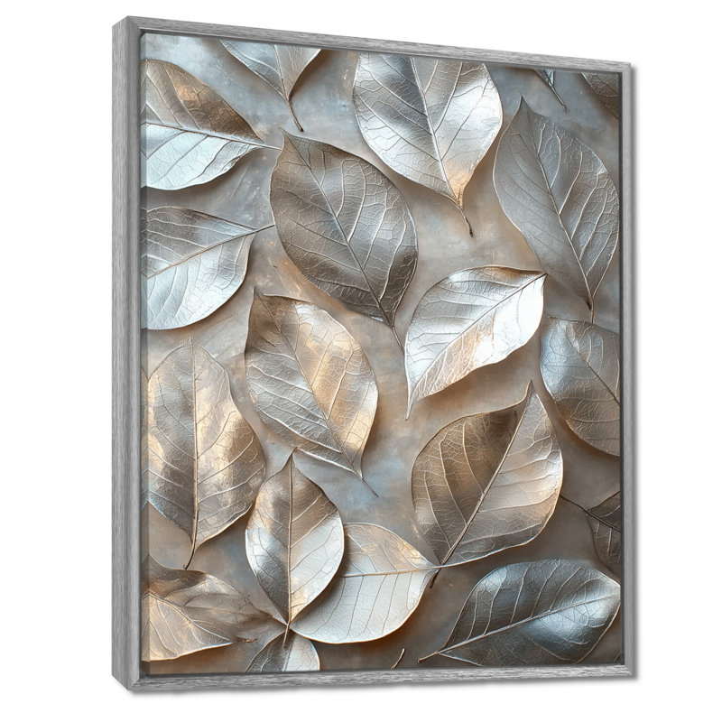«Copper Copper Pewter Leaves II - Leaves», reproduction sur toile encadrée, Argent argent, Reproduction avec cadre flottant
