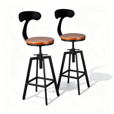 Industrial Bar Stool-Adjustable Swivel Wood Metal Stool With Backrest,Black,Fully Welded (Brown Wooden Top With Iron Backrest)