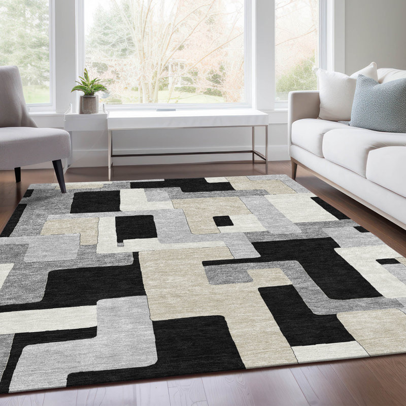 Tapis noir lavable à la machine de qualité supérieure Prisco, Rectangle 5 pi x 7 pi 6 po