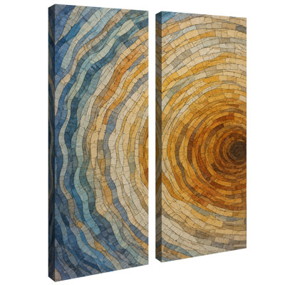Décoration moderne abstraite géométrique à vagues concentriques bleu et or – Ensemble de 2 impressions sur toile encadrées 32 po x 12 po x 2 po