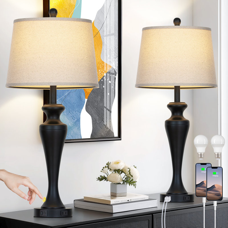 30” Tall Touch Control Table Lamp Set with USB & Type-c Ports, Bulb Included, Black