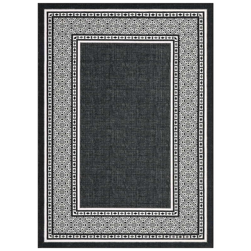 Modern Neutral Bordered Area Rugs, Black 8'X10' Soft Washable Non Slip Solid Geometric Large Throw Carpet for Living Room Bedroom Dining Nursery Apartment Dorm Office Farmhouse Home Decor
