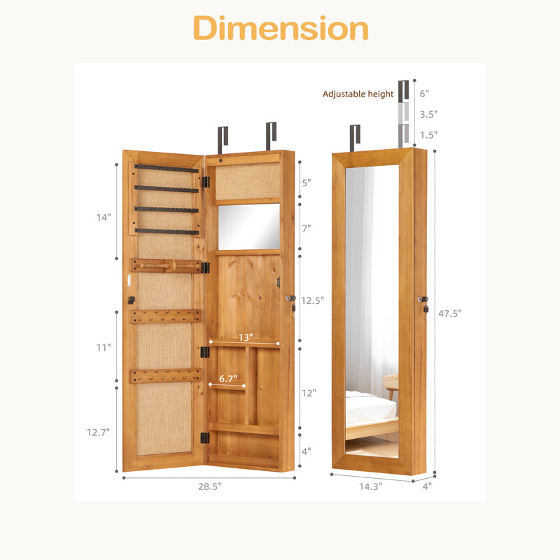 Armoire pour armoire à bijoux en bois massif avec miroir pleine grandeur, verrouillable au mur 47,5 x 14,3 po avec lumière DEL