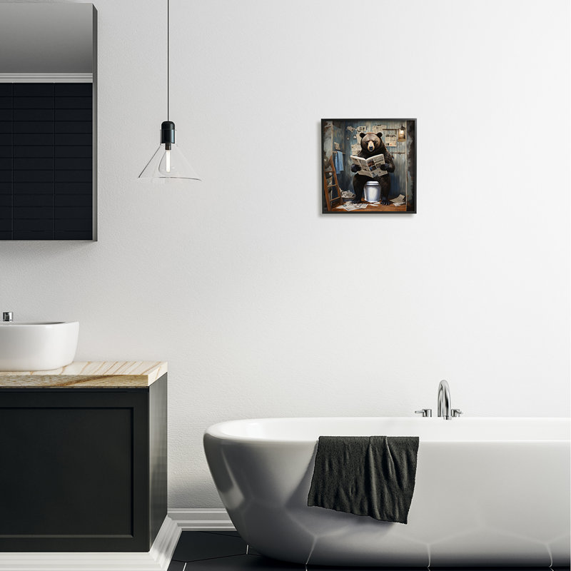 Ours avec journal, salle de bain, impression sur toile, H 12 po x l 12 po, Giclée encadrée noir minuit
