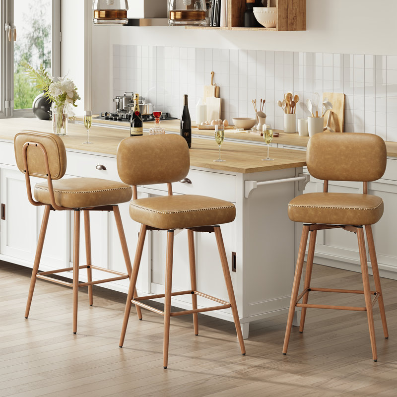 Modern Swivel Upholstered Counter Stools with Metal Frame, Brown