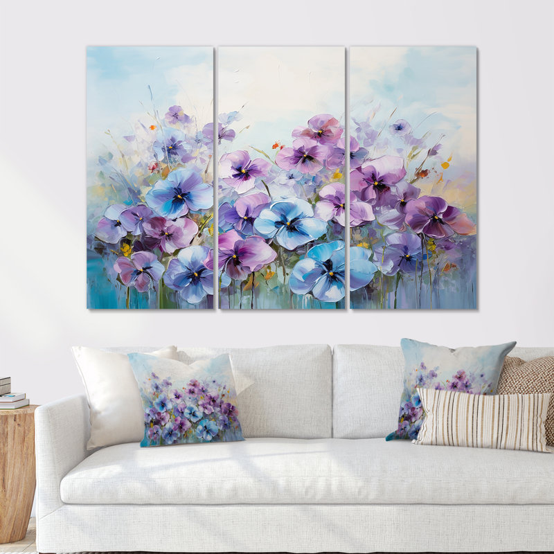Pensées mauves Blooming Field I - Ensemble de décoration murale champ de fleurs, Toile tendue, H 32 po x l 48 po x P 1 po