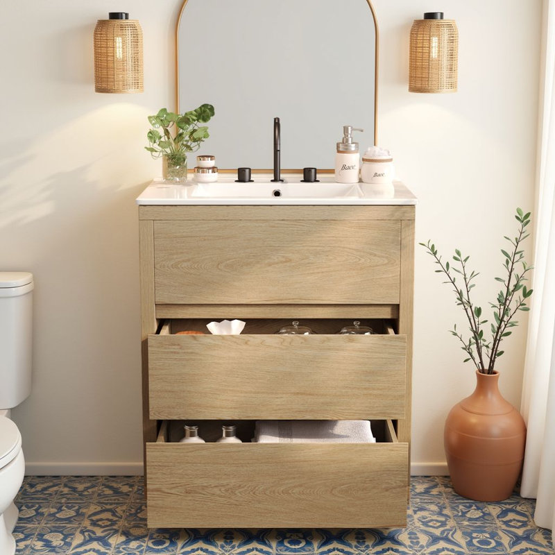 Meuble-lavabo autoportant de 30 po avec lavabo en céramique et 2 tiroirs à fermeture en douceur sans poignée, Naturel
