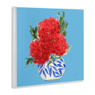 Plaque murale rouge avec hortensias rouges, design par Lucille Price
