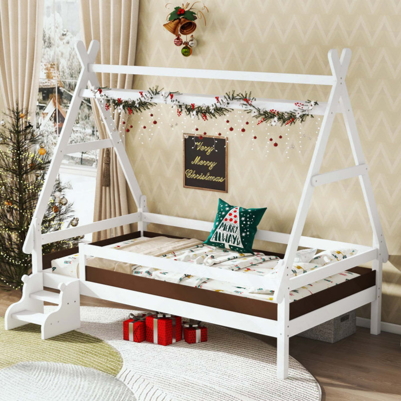 House Platform Bed With Stairs, Solid Wood Bed Frame, Low Profile And Childlike Fun Design, Light White, Twin