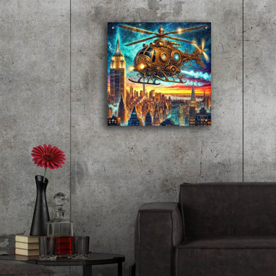  «Steampunk Helicopters Over New York» par Rey Klimt, art mural en verre acrylique, 24 po x 24 po