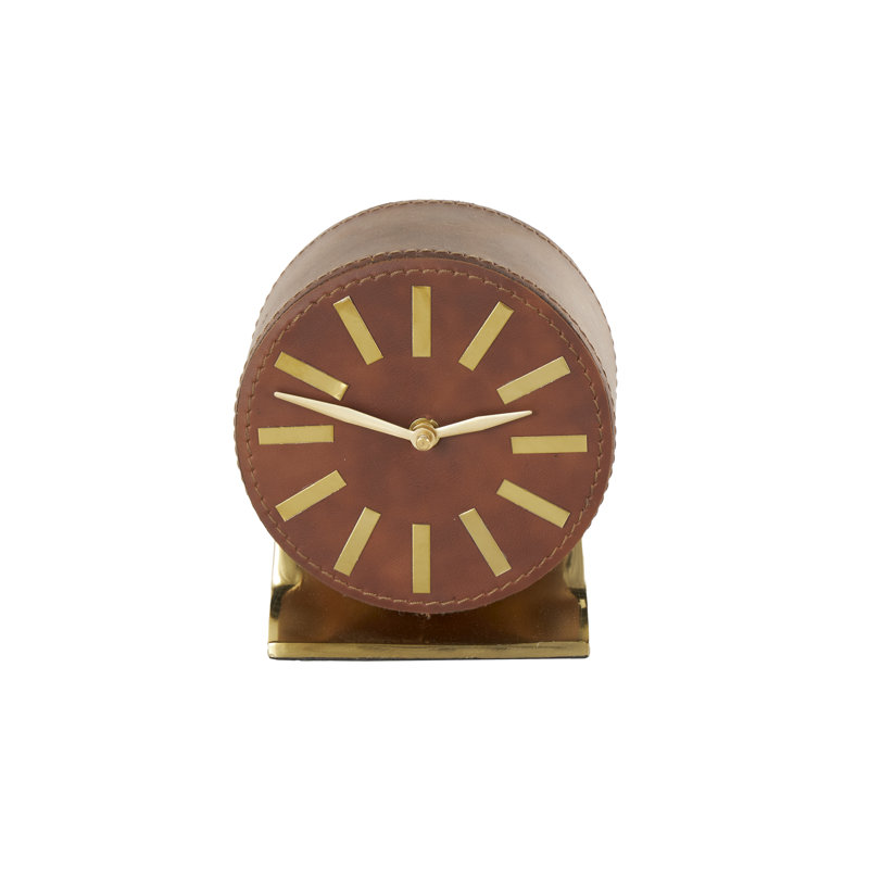Round Decorative Clock With Rectangular Base, 6.15" H x 5.3" W x 3.4" D, Brown/Gold