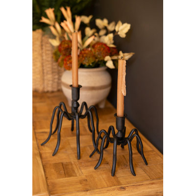  Set of 2 Spider Taper Candle Holders Black Iron 8.5" H