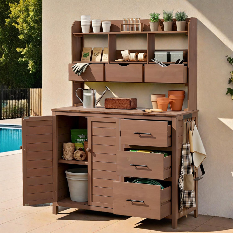 Farmhouse Patio Potting Bench with Drawers, Cabinet, and Side Hook, Outdoor Garden Workstation, Brown
