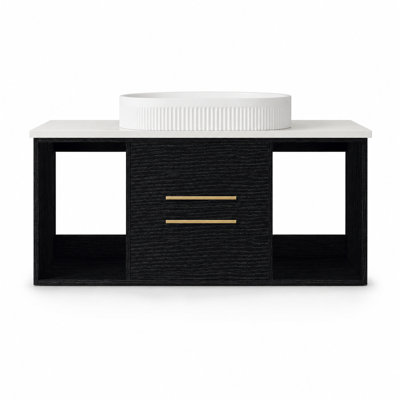 39.4-Inch Floating Bathroom Vanity with Oval Ceramic Sink, Wall-Mounted MDF Cabinet, 2 Soft-Close Drawers and Open Shelves, Black and Gold