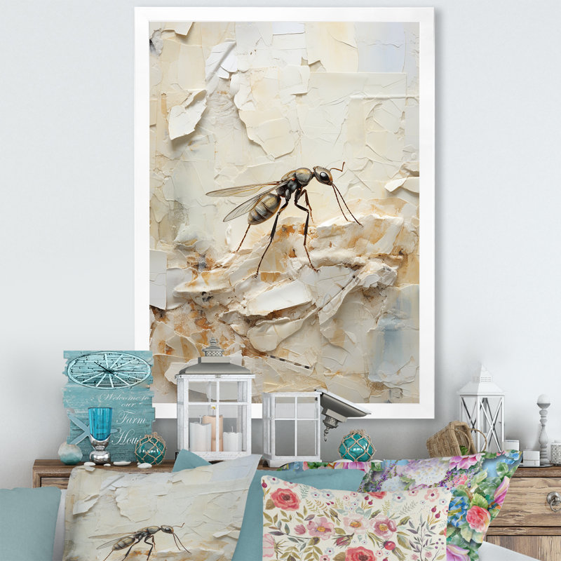 Minimalisme, fourmi beige, collage sur toile, Cadre simple blanc, H 32 po x l 16 po x P 1 po