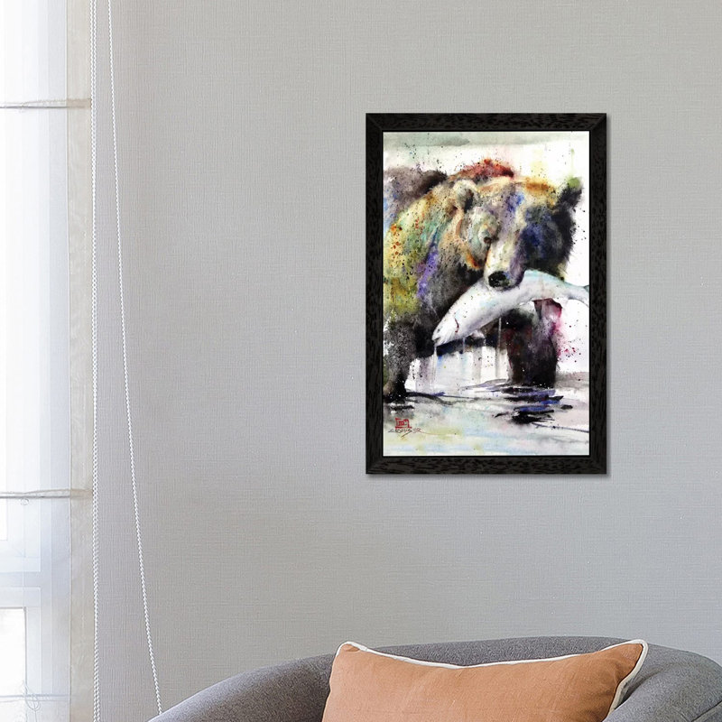 Brown Bear And Salmon by Dean Crouser - Giclee Art Print on Canvas, 101.6 cm H x 66.04 cm W, Black Floater Framed