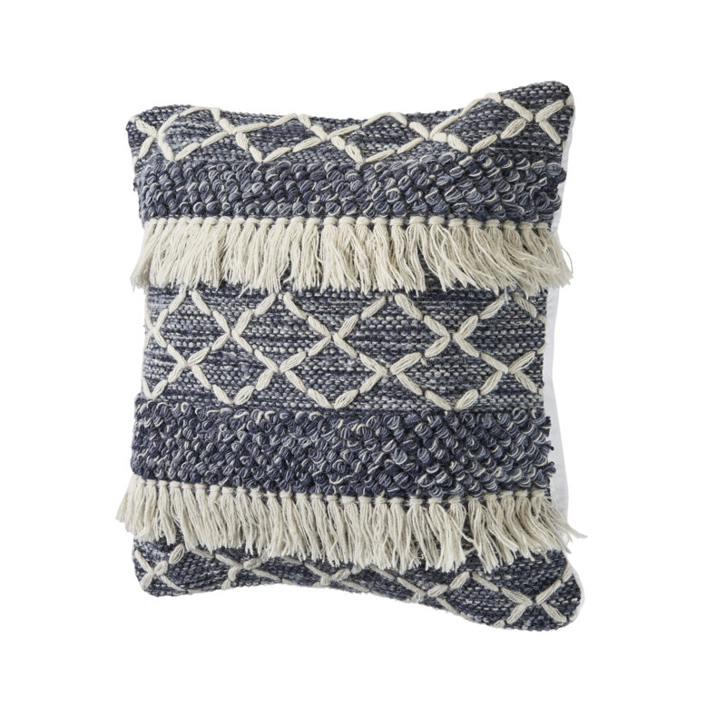 Striped Fringed Wool Geometric Throw Pillow Cover, Blue/White, Pillow Cover Only - No Insert