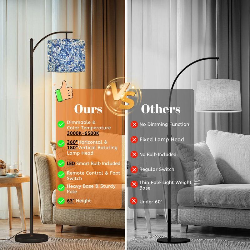 Lampe sur pied à arc avec abat-jour réglable orné de fleurs bleues et blanches, lampe sur pied à 3 températures et intensité variable avec interrupteur au pied pour la chambre à coucher