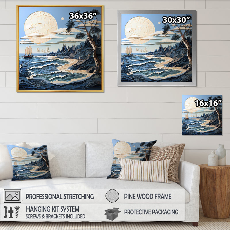 «Beach Boat Elegance Papercut I», reproduction sur toile, H 16 po x l 16 po x P 1 po, Cadre simple argenté