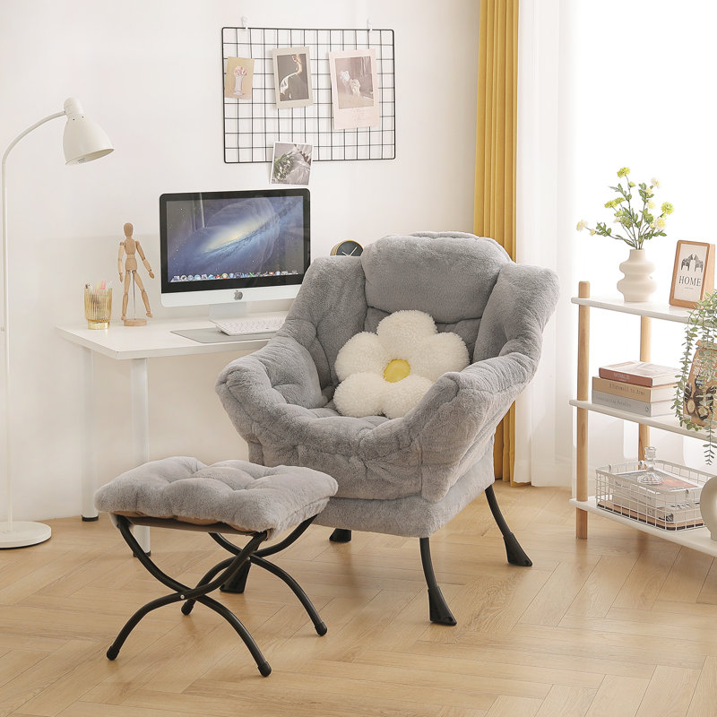 Gray Plush Metal Accent Chair with Ottoman