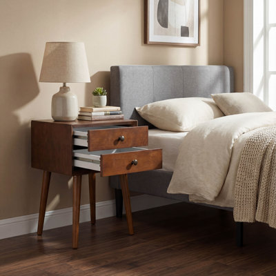 Walnut 2-Drawer Nightstand Small Side End Table with Storage for Bedroom Living Room or Entryway