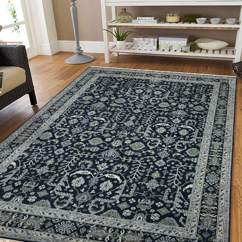 Tapis oriental en laine noué à la main gris / bleu / ivoire Hillard, Rectangle 2 pi x 3 pi
