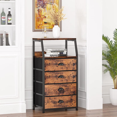 Grande commode à 4 tiroirs, commode à rangement vertical en tissu pour chambre à coucher, couloir, entrée, chambre de bébé, rangement pour garde-robe, table de chevet, structure en acier robuste, plateau en bois