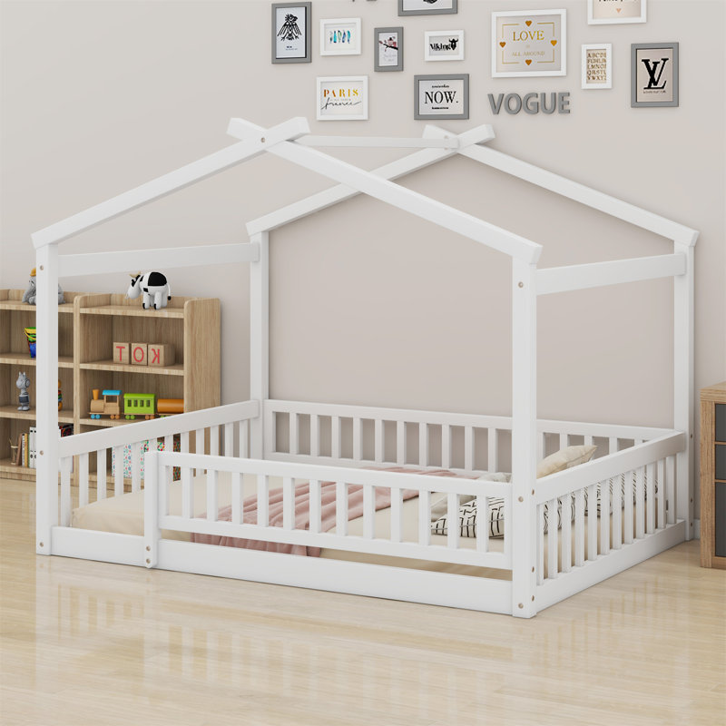 Structure de lit en bois avec clôture, Blanc