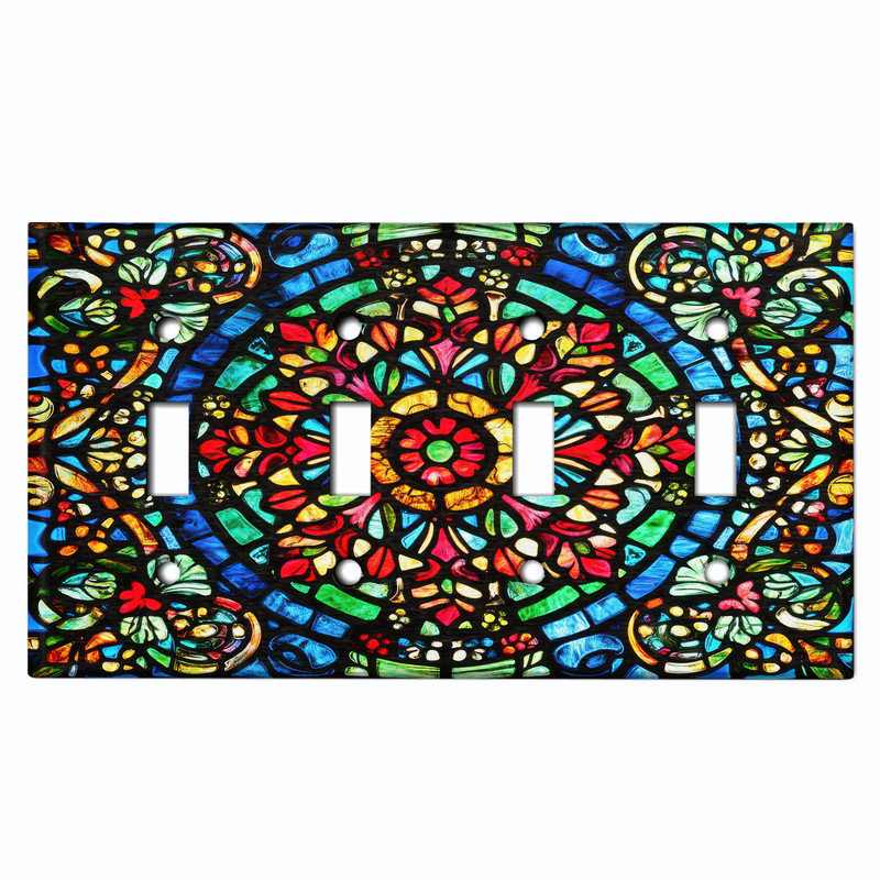 Couvercle de plaque d'interrupteur en métal; Bascule à 4 bandes standard des États-Unis - image imprimée d'un motif de mosaïque de vitrail