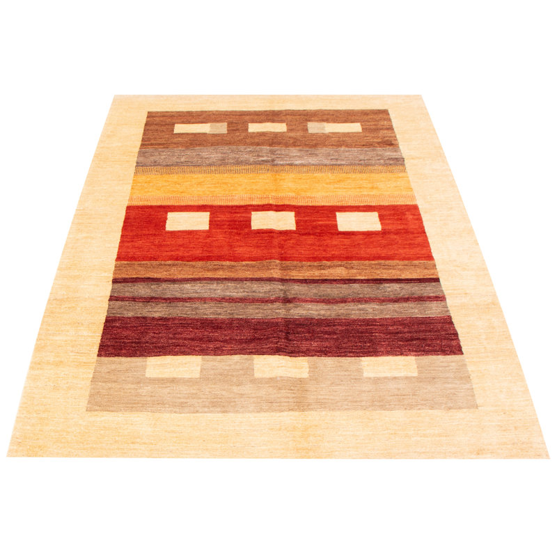 Tapis ivoire en laine noué à la main de conception unique 6 pi 9 po x 10 pi 5 po New Age