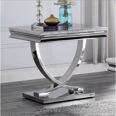 Table de bout 1pc de style moderne glam 18mm en faux marbre sur le dessus de la base en acier inoxydable avec structure en métal et finition chromée - non incluse