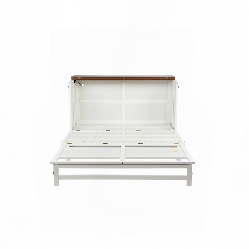 Armoire lit escamotable en bois massif avec station de charge et tiroir de rangement, Grand, Blanc/noyer