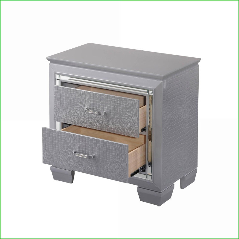 Table de chevet 2 tiroirs Modern Glam avec finition crocodile argent massif