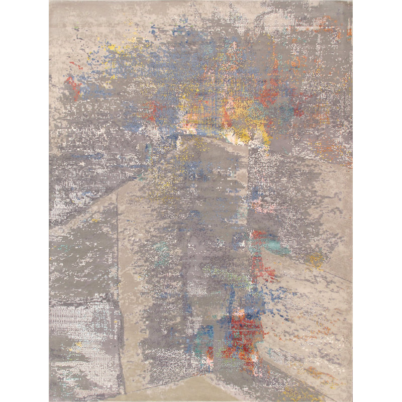 Hand Knotted Abstract Area Rug in Beige, Rectangle 9' x 12'