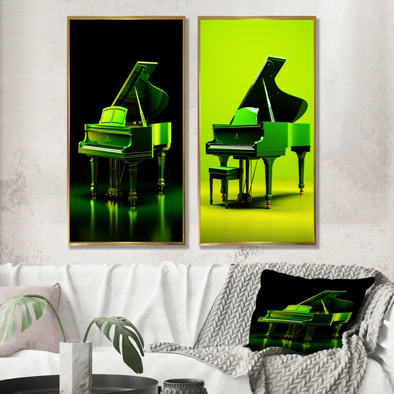 Green Pop Art Piano - ensemble de 2 reproductions d'art mural, Cadre flottant doré, H 40 po x l 41 po