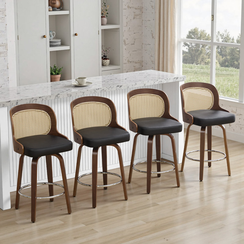 26" Mid-Century Modern Upholstered Cane back Wood Counter & Bar Stool, Black, 2