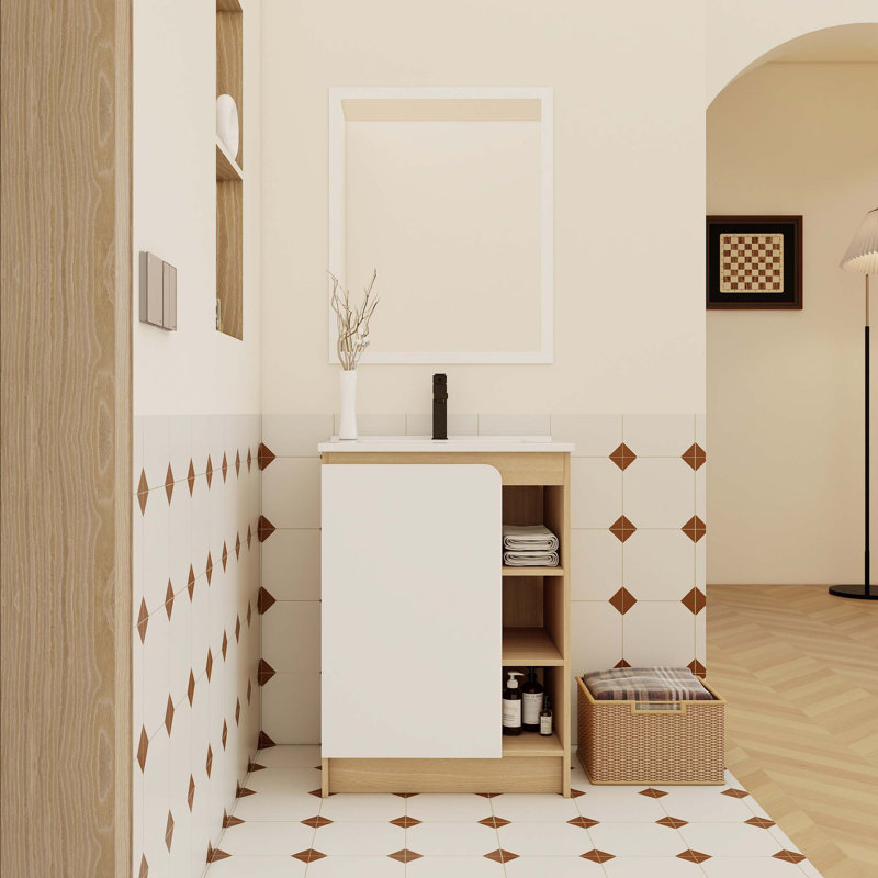 24-Inch Freestanding Bathroom Vanity With Thin-Rim Ceramic Sink, Open Shelving, Dual-Colour Panels, And Moisture-Resistant Plywood Construction.